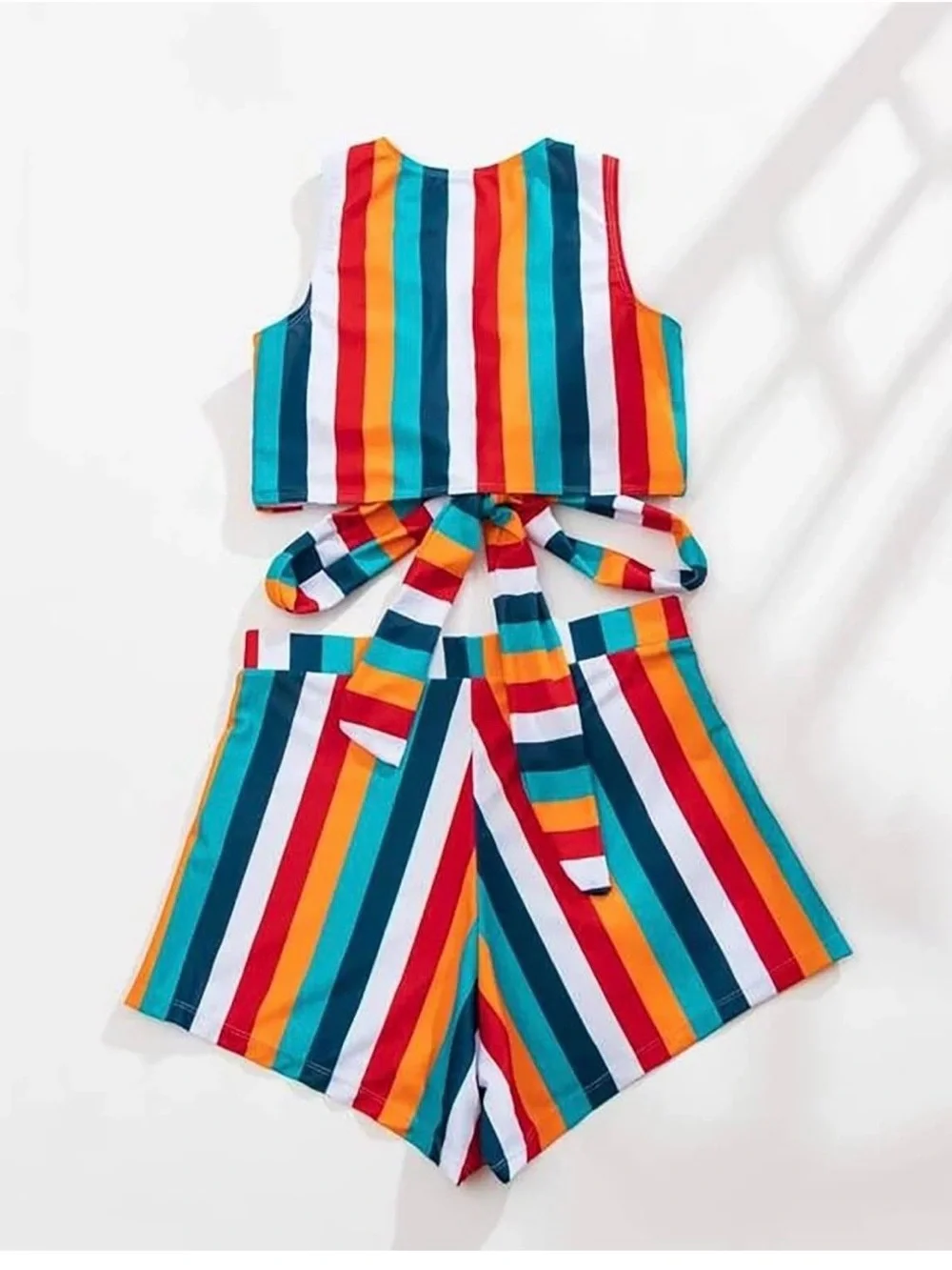 Swimwear: Striped Tie-Front Crop Top & High-Waist Shorts Set - Multi